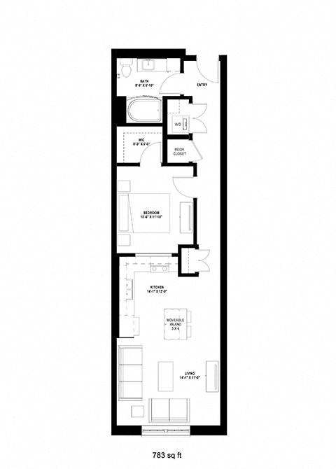 Floor plan for 1 bed, 1 bath, 783 sqft